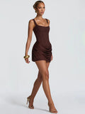 Backless Ruched Mini Dress – Sexy Square Neck High-Waist Club Dress for Women