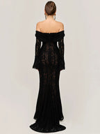 Black Lace Off-Shoulder Maxi Dress – Elegant Backless Long Sleeve Gown