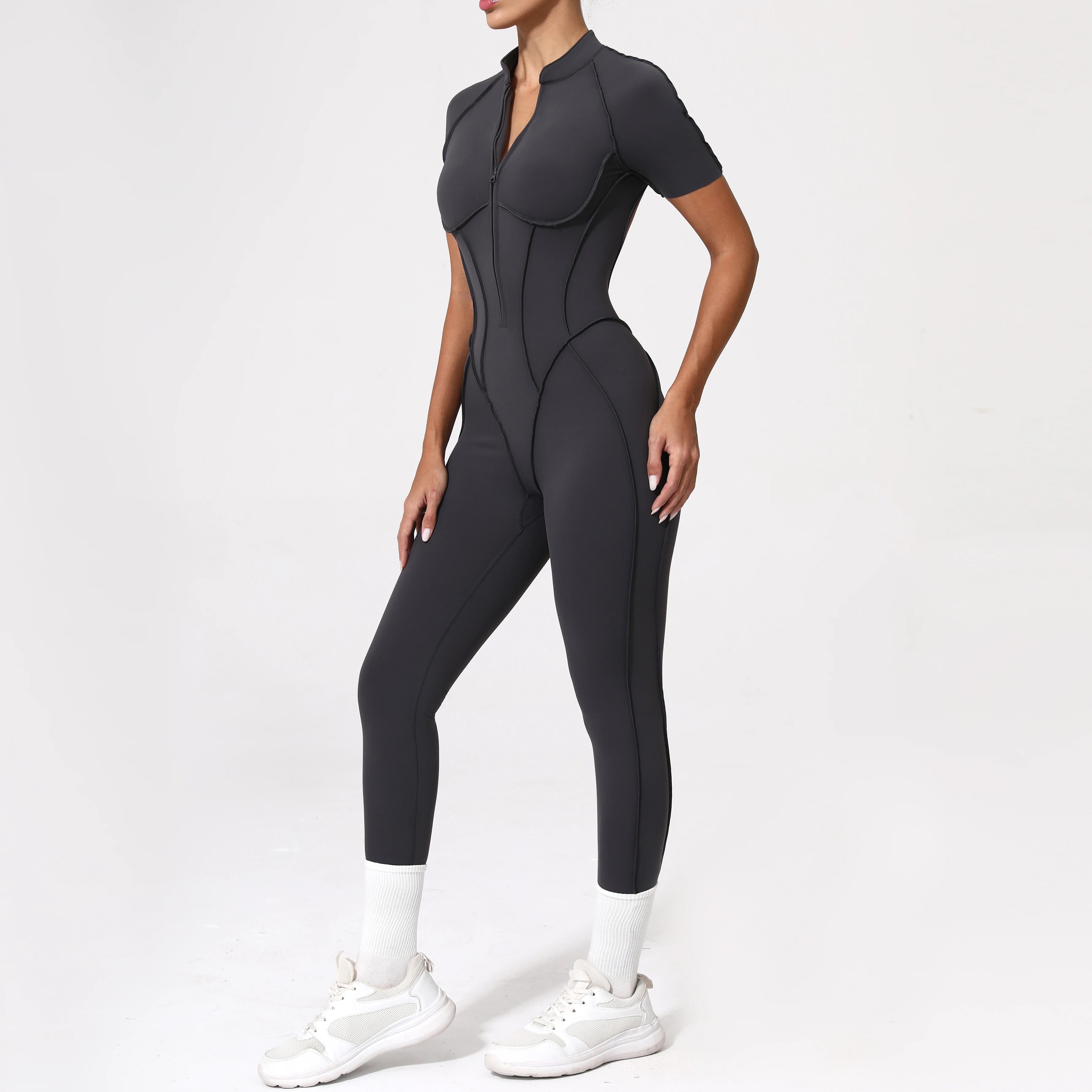 Backless Zip Yoga Jumpsuit -Gray