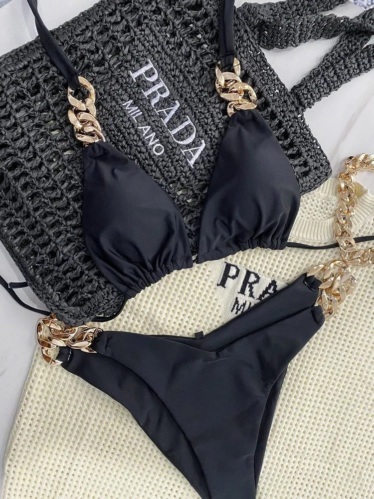 Luxury Chain-Link Bikini Set – Glamorous Halter Two-Piece Swimwear