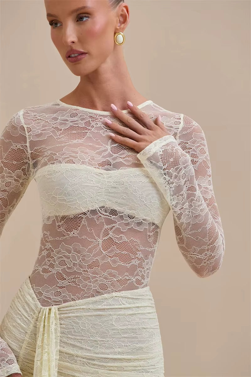 Lace See-Through Ruched Jumpsuit