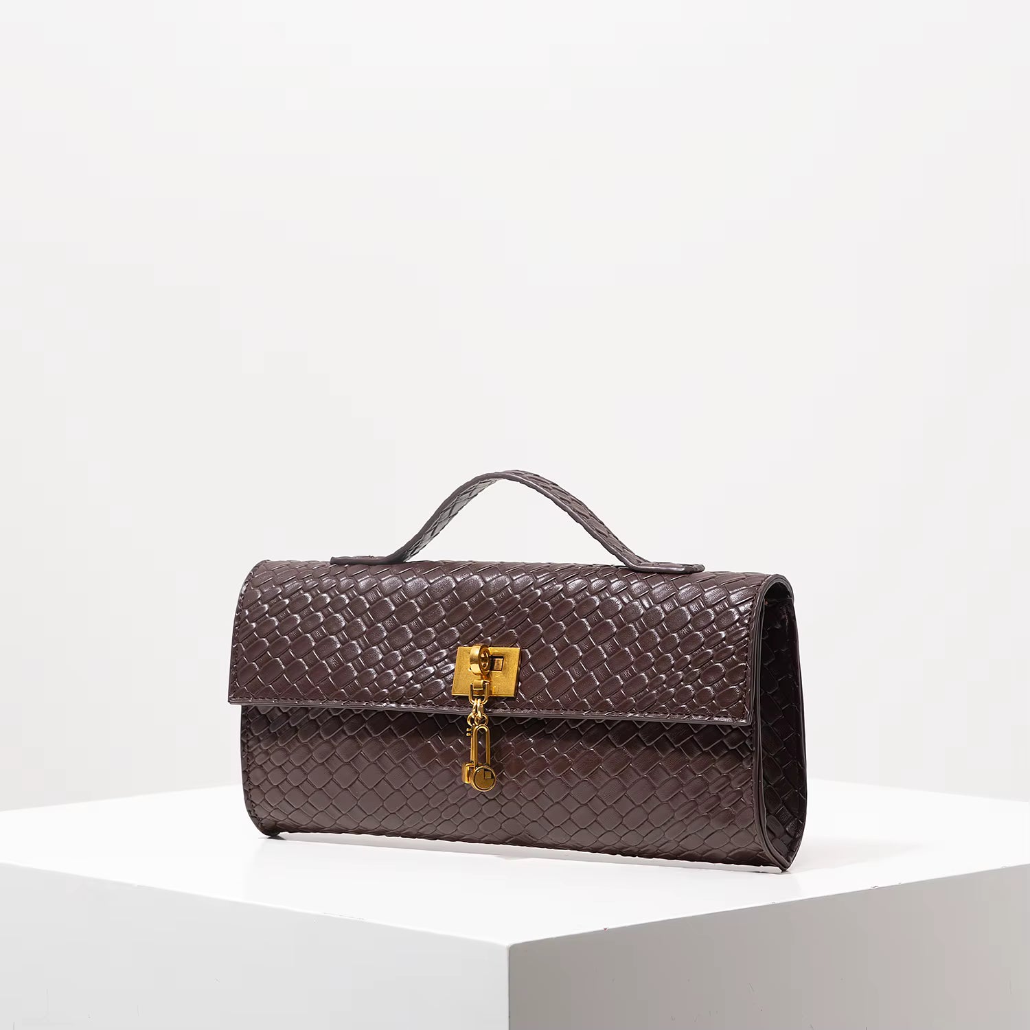 Woven Burgundy Baguette Clutch with Gold Lock