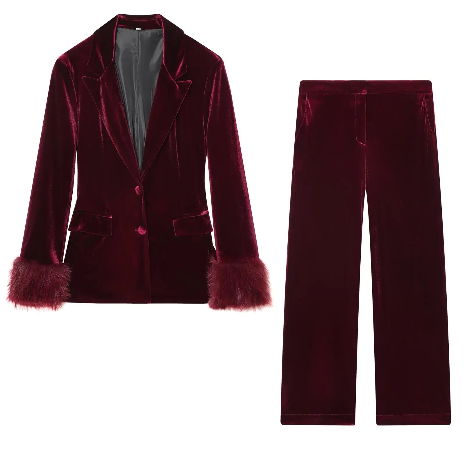 Elegant Velvet Blazer & Wide-Leg Pants Set with Fur Trim