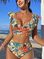 Tropical Ruffle Bikini Set – High Waist & Push-Up Fit