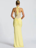 Halter Backless Maxi Dress – Sexy Ruched Off-Shoulder Bodycon Clubwear for Women