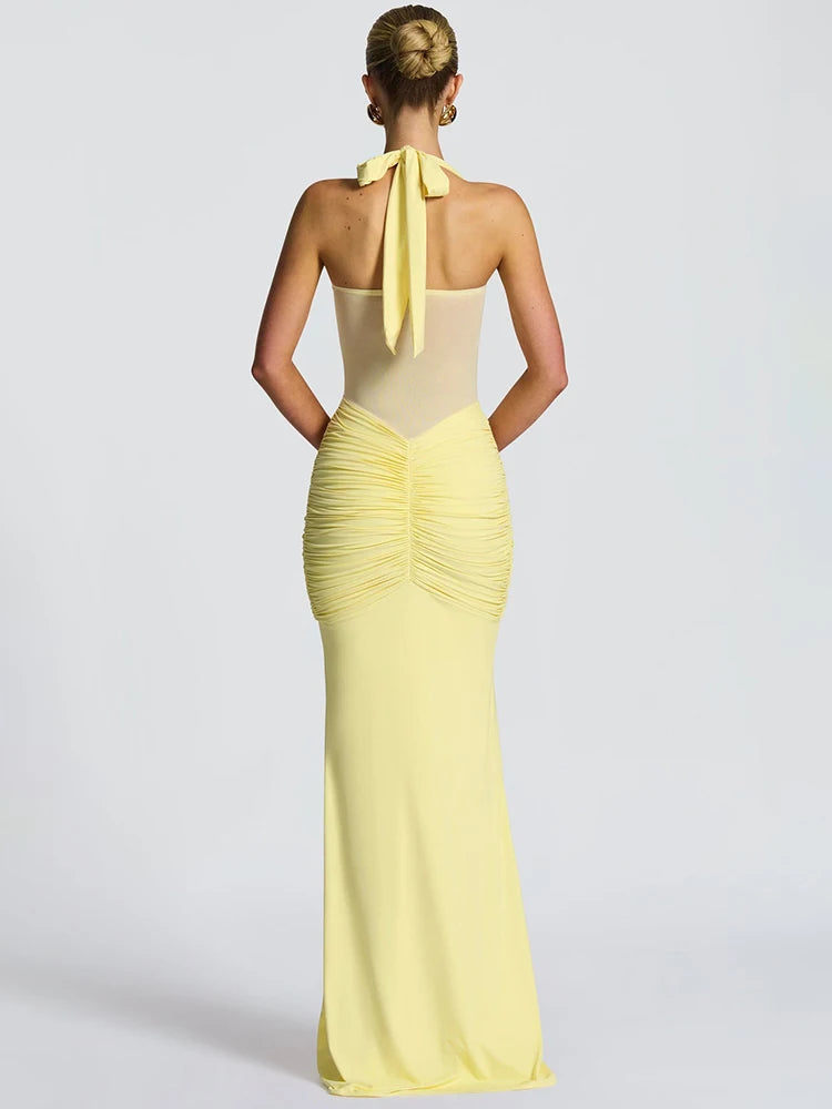 Halter Backless Maxi Dress – Sexy Ruched Off-Shoulder Bodycon Clubwear for Women