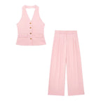 Women’s 2-Piece Office Set – Halter Vest Top & High Waist Wide-Leg Pants with Pockets