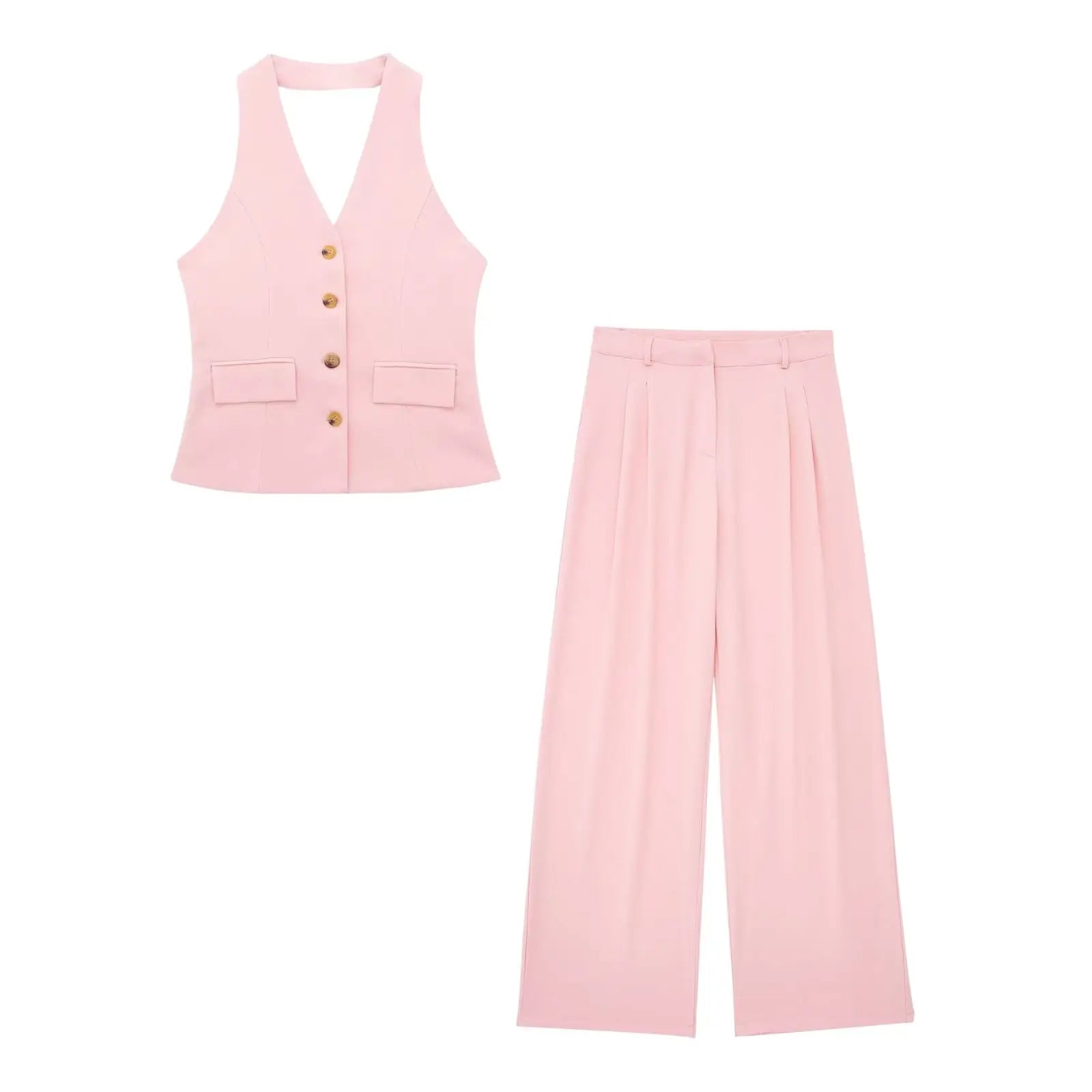 Women’s 2-Piece Office Set – Halter Vest Top & High Waist Wide-Leg Pants with Pockets