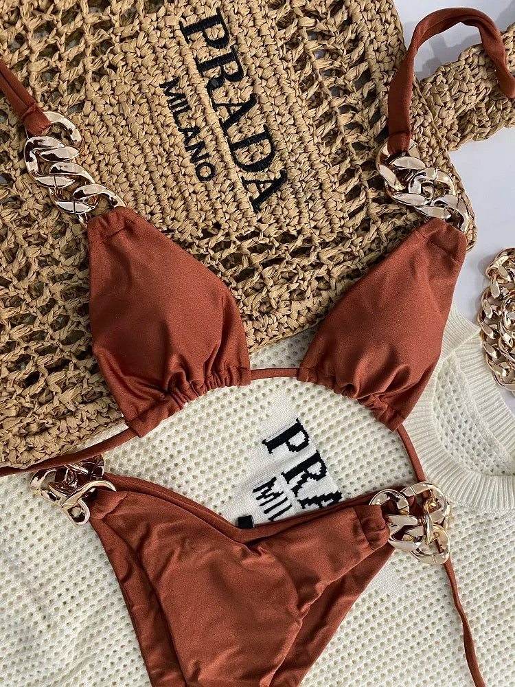 Luxury Chain-Link Bikini Set – Glamorous Halter Two-Piece Swimwear