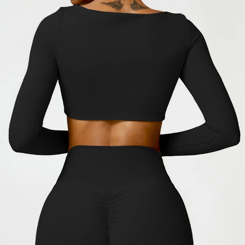 Seamless Square Neck Gym Top – Long Sleeve Compression Crop