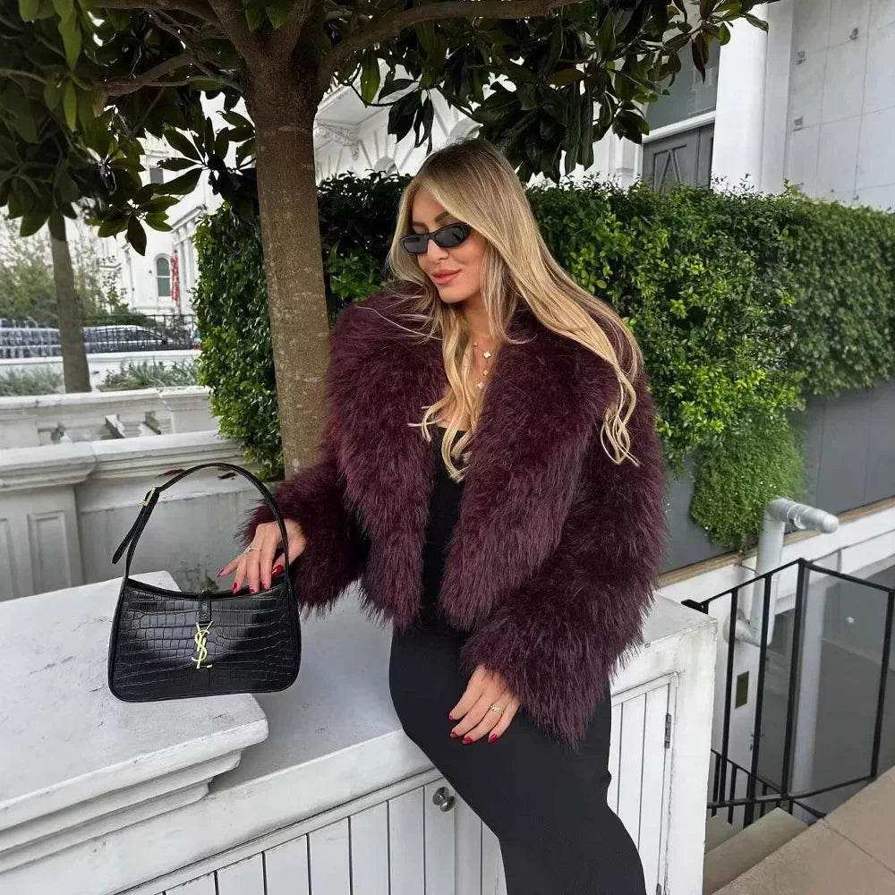 Burgundy Faux Fur Coat – Vintage Long Sleeve High Street Jacket for Women
