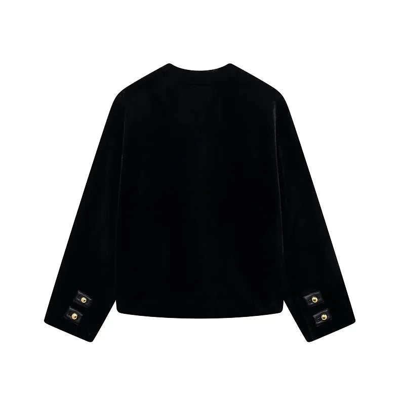 Manteau court en velours noir – Veste boutonnée automne et hiver