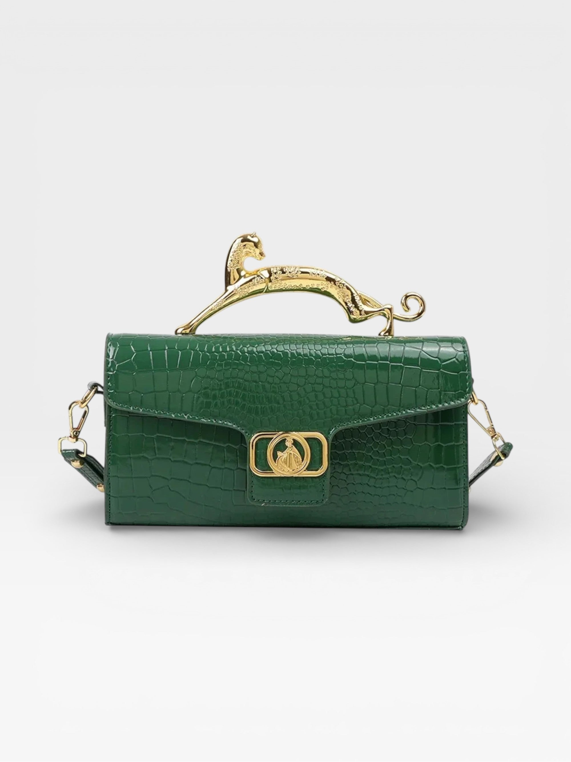 Croc-Embossed Luxe Bag with Golden Panther Handle