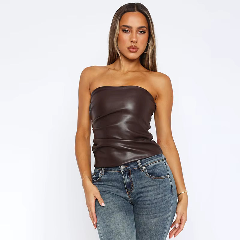 Sexy Tanktop mit Reißverschluss für Damen – ärmelloses, figurbetontes Clubwear-Crop-Top aus PU-Leder