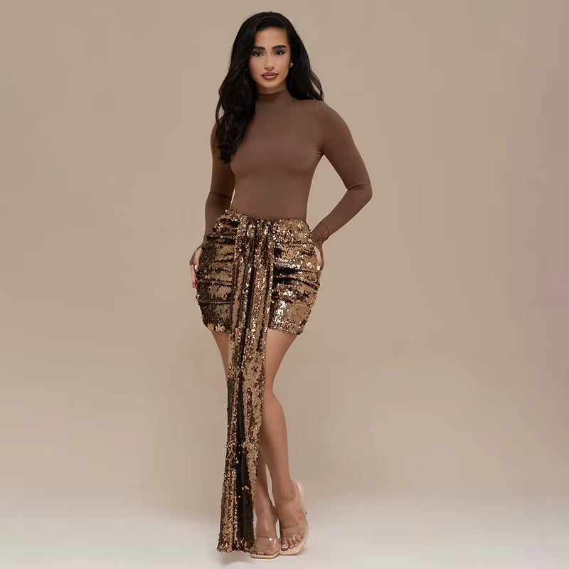 Sparkle Two-Piece Ruched Mini Skirt & Long Sleeve Top Set