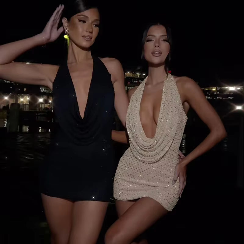 Rhinestone Halter Backless Mini Dress