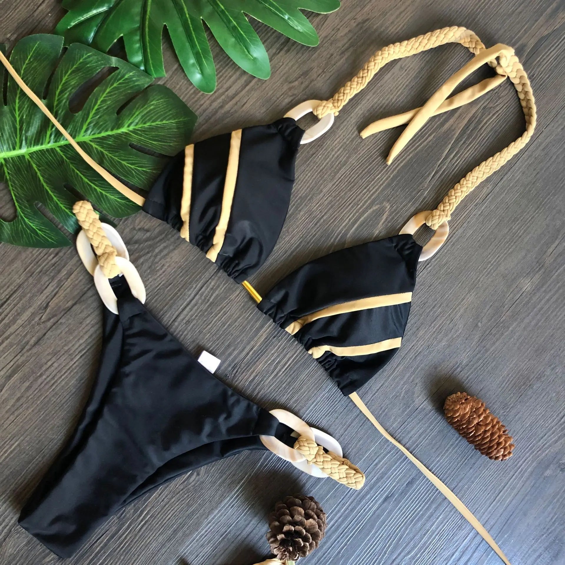 Women’s Two-Piece Bikini – Triangle Top with Beaded Ring Straps