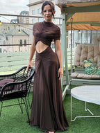 Coffee Mesh Cut-Out Maxi Dress