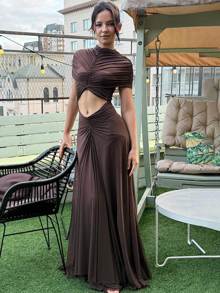 Coffee Mesh Cut-Out Maxi Dress