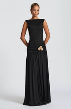 Metal Flower Backless Ruched Maxi Dress