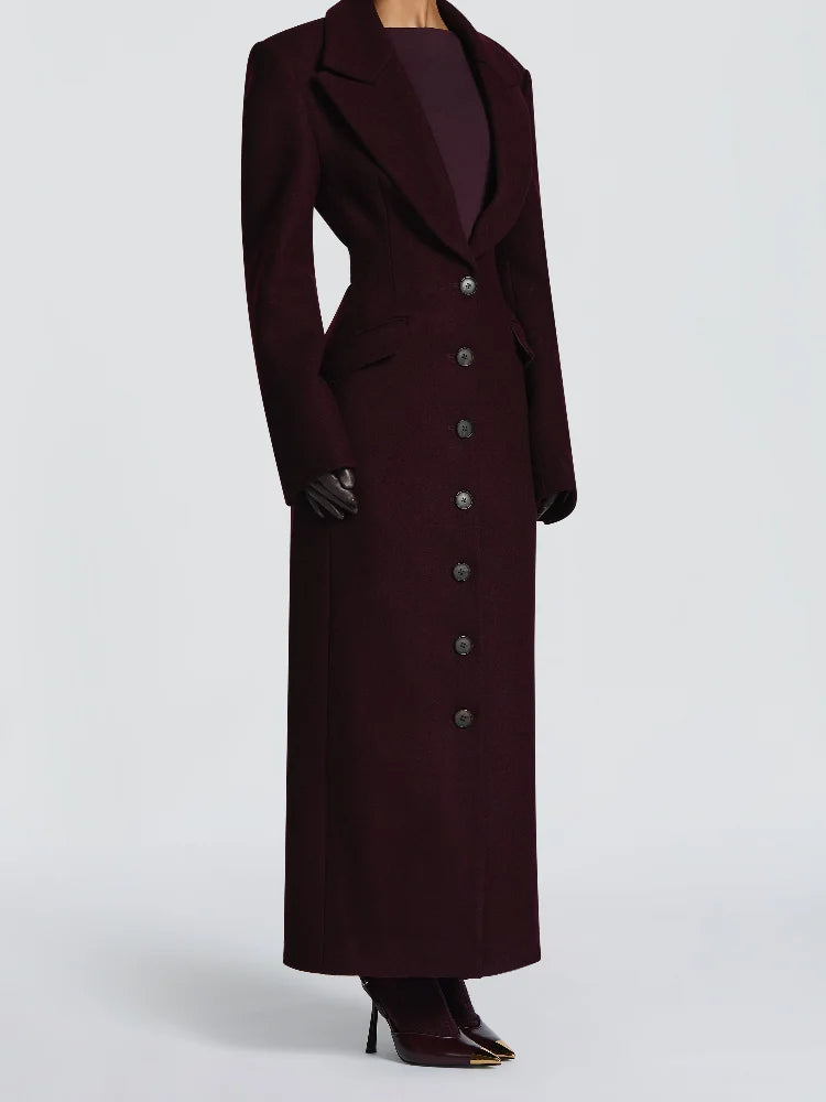Elegant Wool-Blend Maxi Coat with Belt - Plum