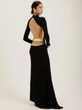 Backless Black Long Sleeve Maxi Dress – Elegant Bodycon Party Gown for Women