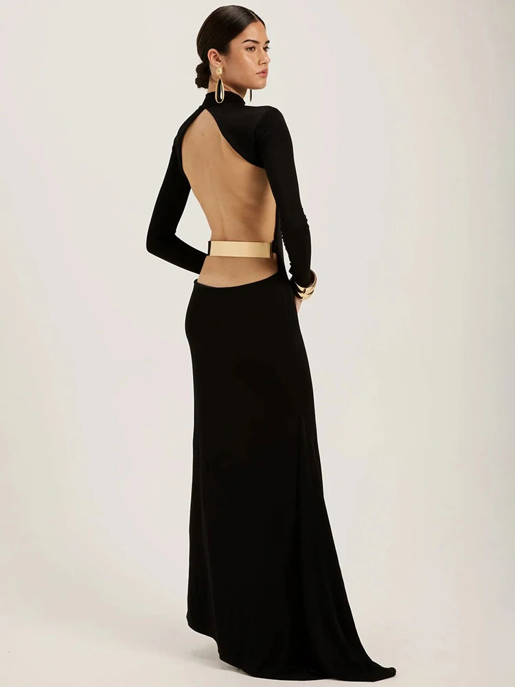 Backless Black Long Sleeve Maxi Dress