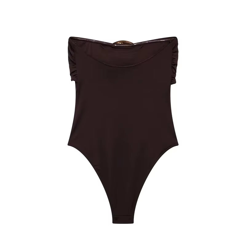 Elegant Off-Shoulder Bodysuit – Gold Accent & Slim Fit