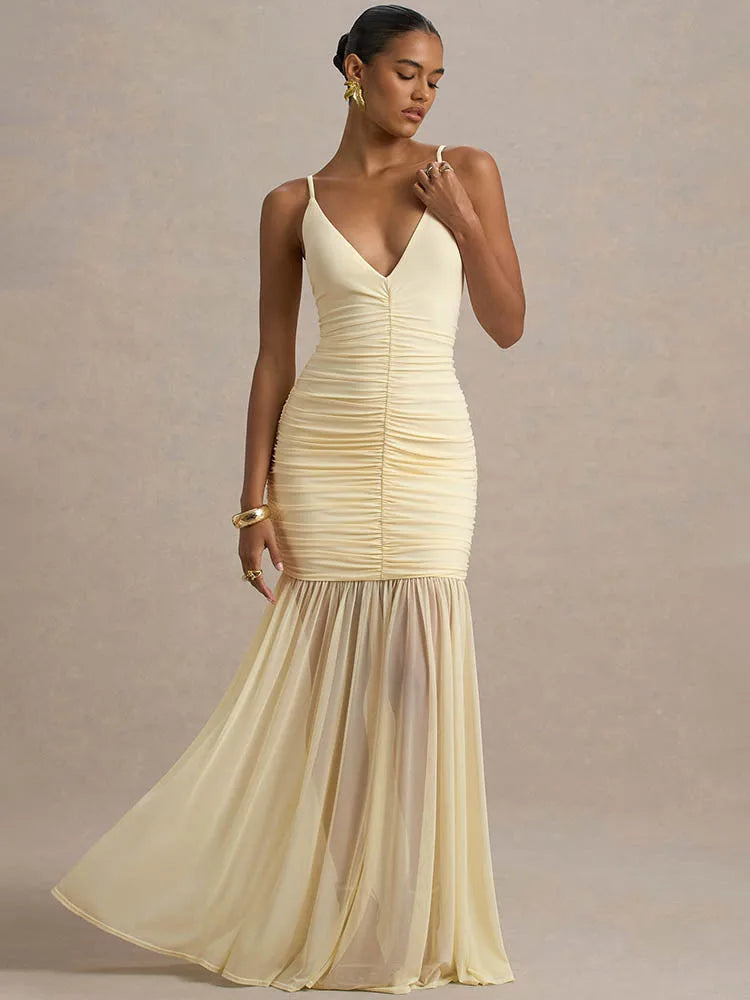 Backless Pleated Spaghetti Strap Maxi Dress – Elegant Ruched V-Neck Gown