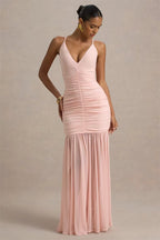 Backless Pleated Spaghetti Strap Maxi Dress – Elegant Ruched V-Neck Gown