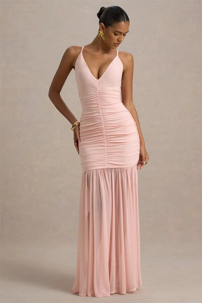Backless Pleated Spaghetti Strap Maxi Dress – Elegant Ruched V-Neck Gown