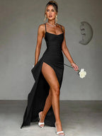 Elegant Satin Evening Dress – Backless Slim Fit with Side Slit