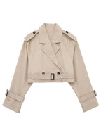 Women’s Cropped Double-Breasted Windbreaker – Retro Belted Streetwear Trench Jacket