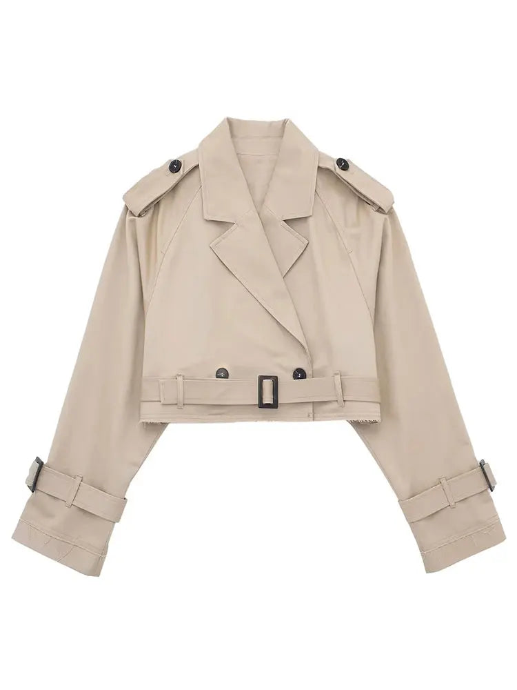 Women’s Cropped Double-Breasted Windbreaker – Retro Belted Streetwear Trench Jacket