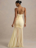 Backless Pleated Spaghetti Strap Maxi Dress – Elegant Ruched V-Neck Gown