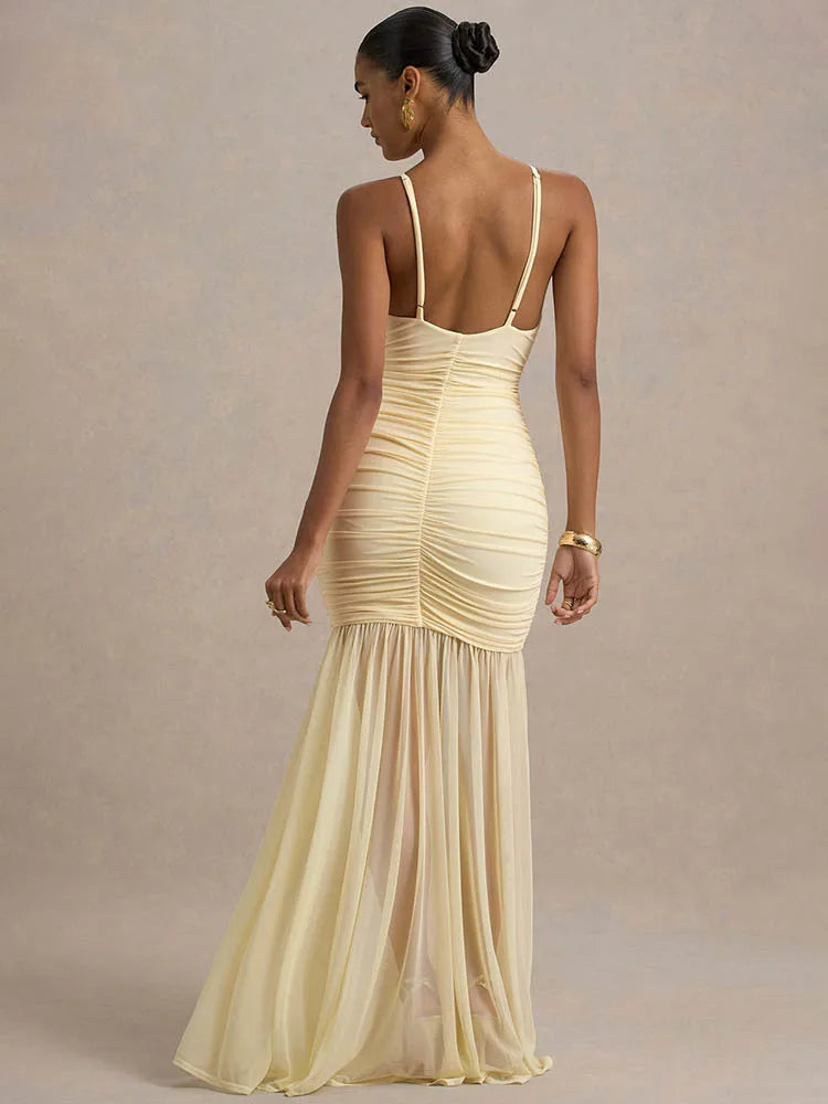 Backless Pleated Spaghetti Strap Maxi Dress – Elegant Ruched V-Neck Gown