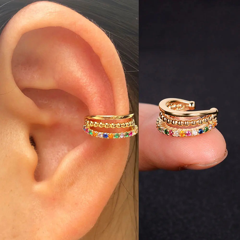 1pc Rainbow CZ Clip-On Ear Cuff – Non-Piercing Geometric Wrap Earring for Women & Girls