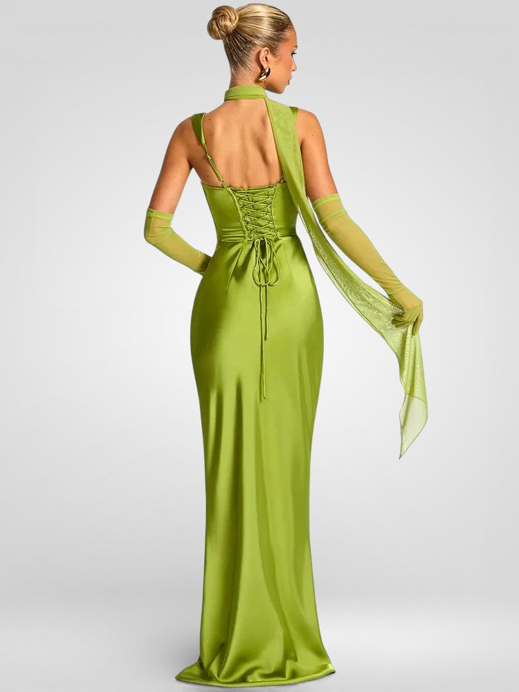 Satin Lace-Up Halter Maxi Dress