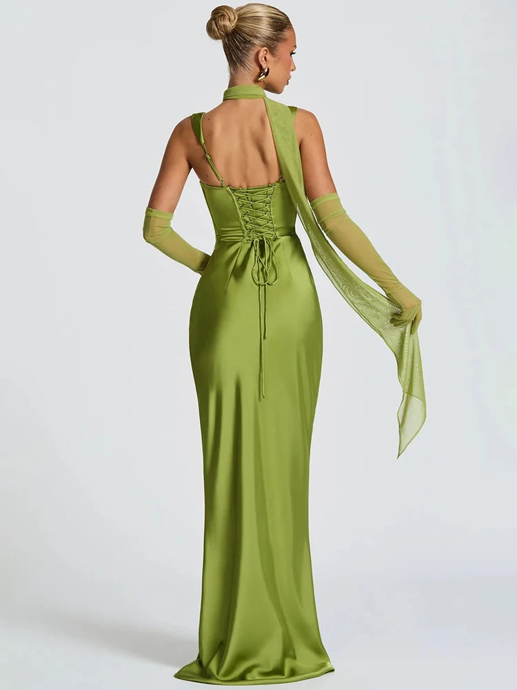 Satin Lace-Up Backless Maxi Dress – Sexy Halter Off-Shoulder Bodycon Gown
