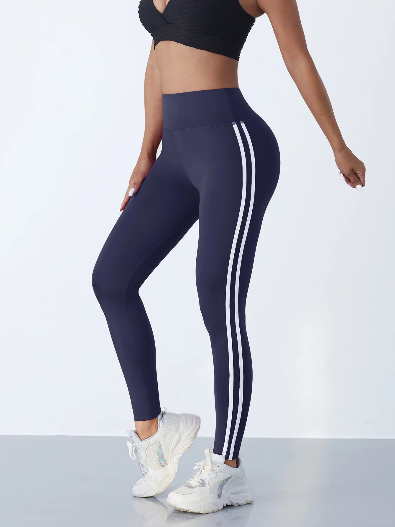 High-Waist Cropped Sport Leggings – Hip-Lifting Striped Fitness Pants for Women