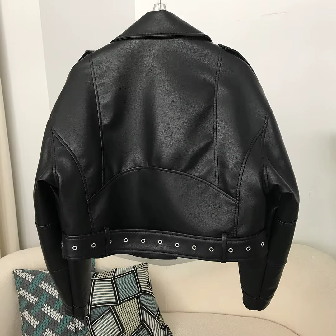 Women's Vintage Vegan Leather Biker Jacket – Oversized Belted Moto Style