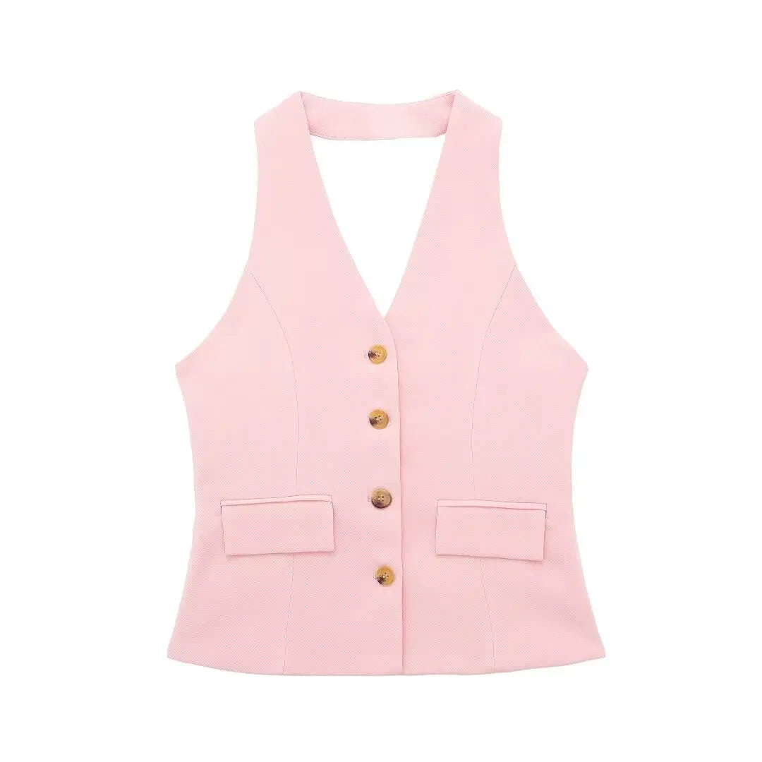 Women’s 2-Piece Office Set – Halter Vest Top & High Waist Wide-Leg Pants with Pockets