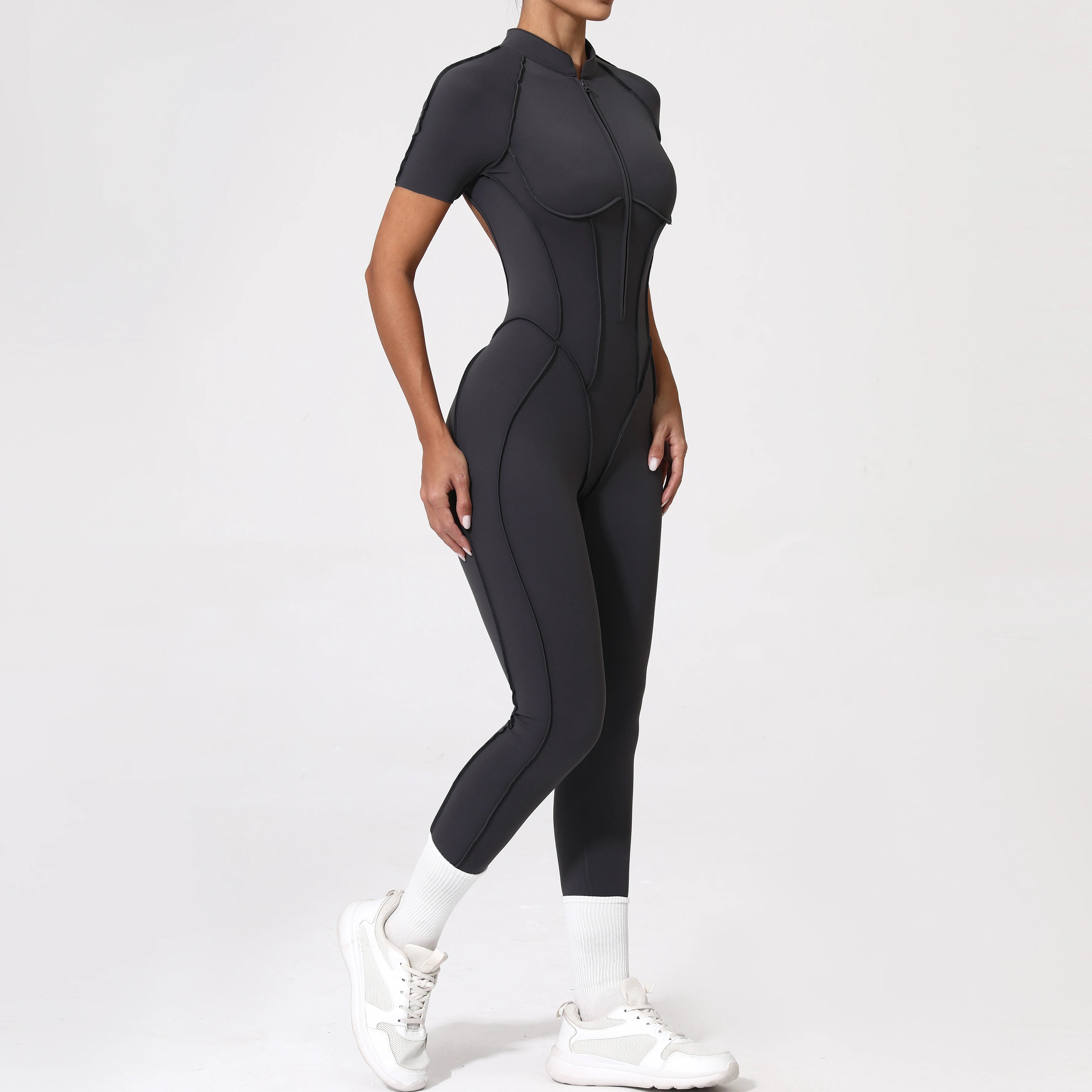 Backless Zip Yoga Jumpsuit -Gray