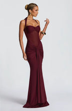Halter Backless Maxi Dress – Sexy Ruched Off-Shoulder Bodycon Clubwear for Women