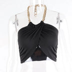 Draperet halterneck crop top – Sort kæderem klubtøj 