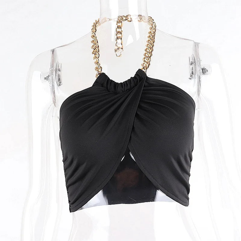 Draperet halterneck crop top – Sort kæderem klubtøj 