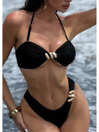 Shell Accent Bikini Set – Halter Style with High-Cut Fit