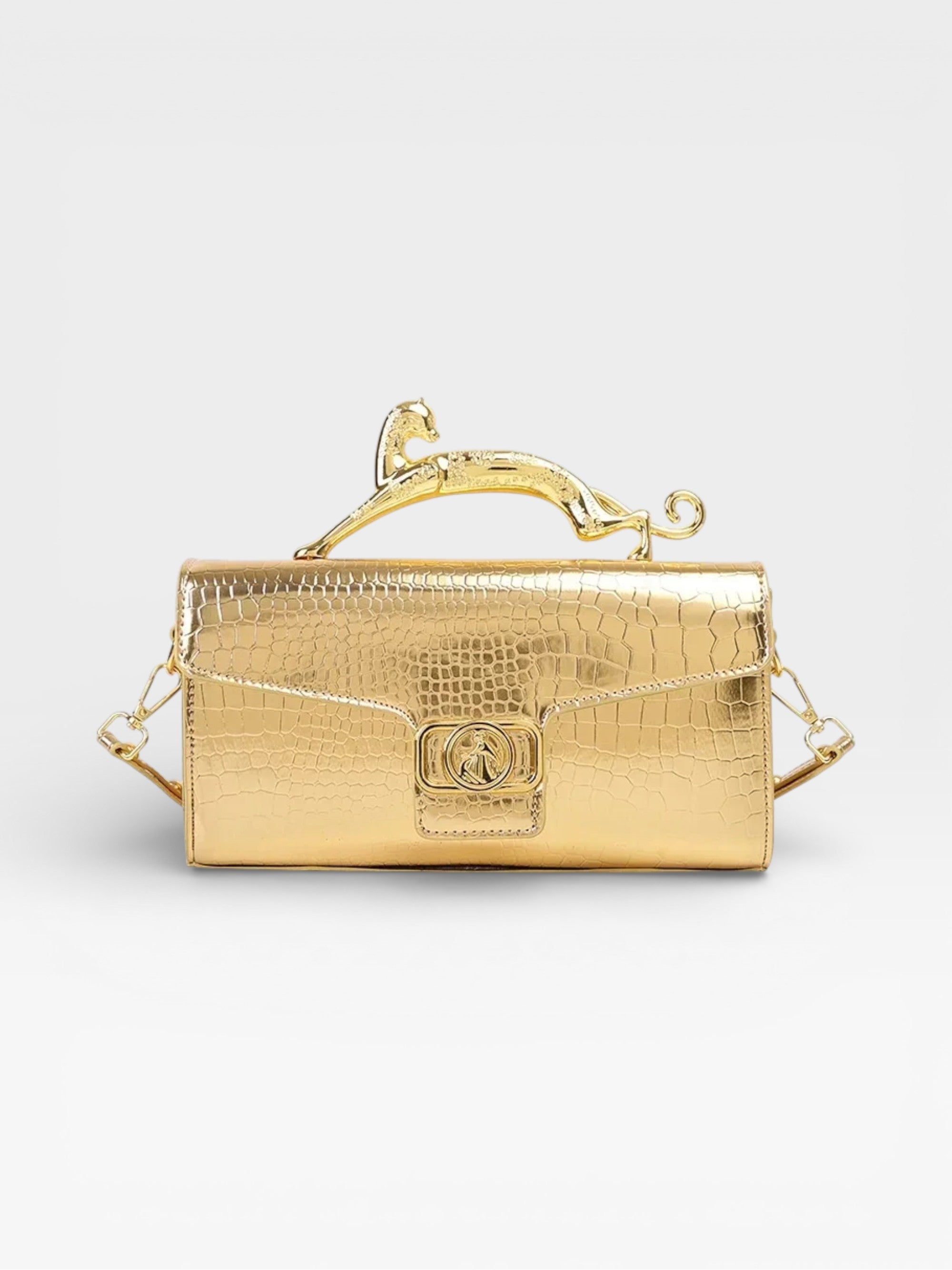 Croc-Embossed Luxe Bag with Golden Panther Handle