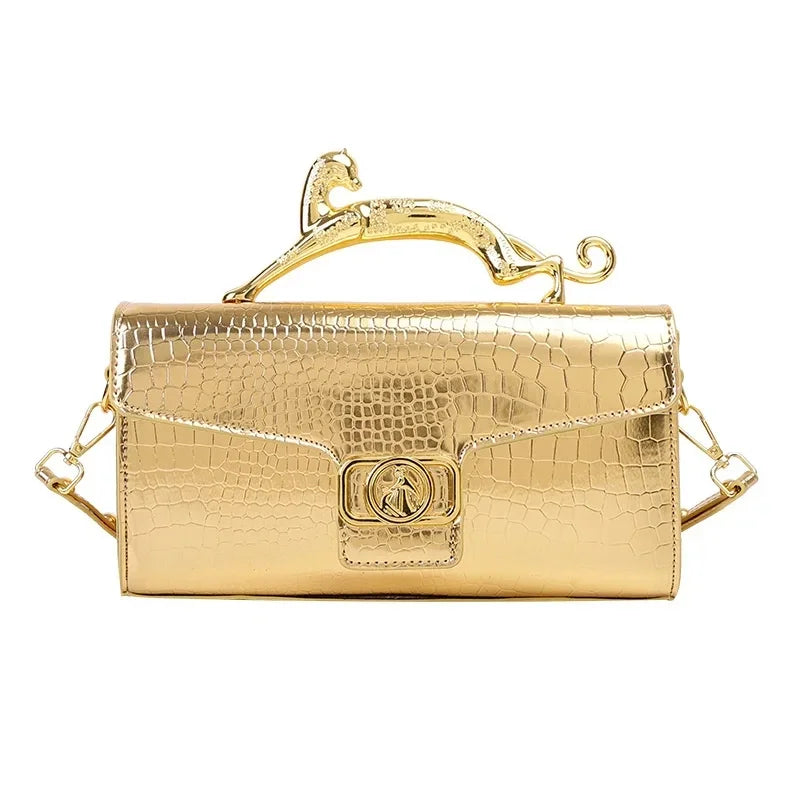Croc-Embossed Luxe Bag with Golden Panther Handle