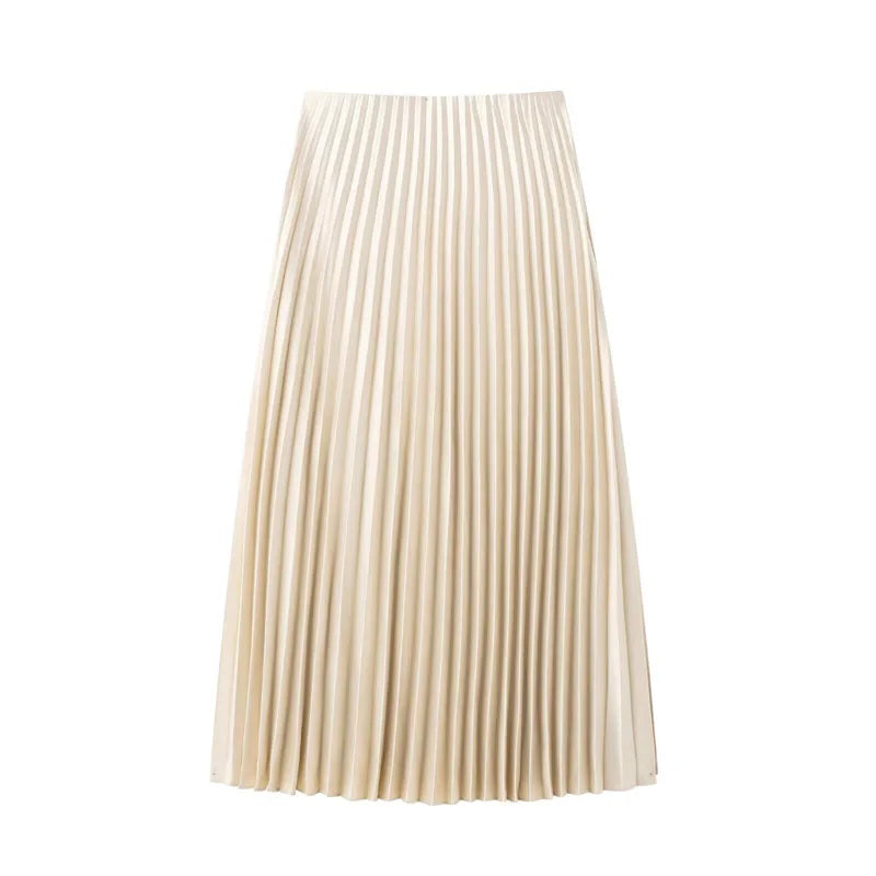 Pleated Elegance Midi Skirt – Flowing High-Waist Design with Subtle Shine
